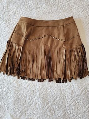 Cupshe Brown Suede Fringe Mini Skirt with Stud Accents